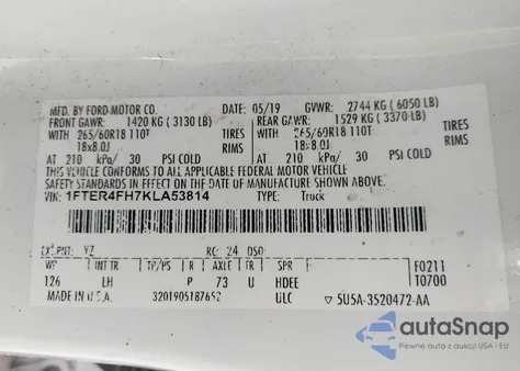 2019 Ford Ranger Xlt z USA, uszkodzony, nr VIN 1FTER4FH7KLA53814